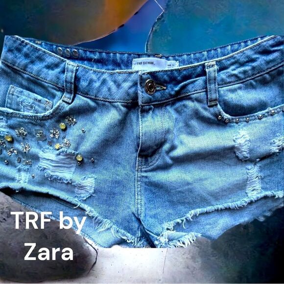 Zara l TRF Trafaluc l Studded & Bejeweled l Denim Shorts l Distressed l 4 l EUC - Picture 1 of 10